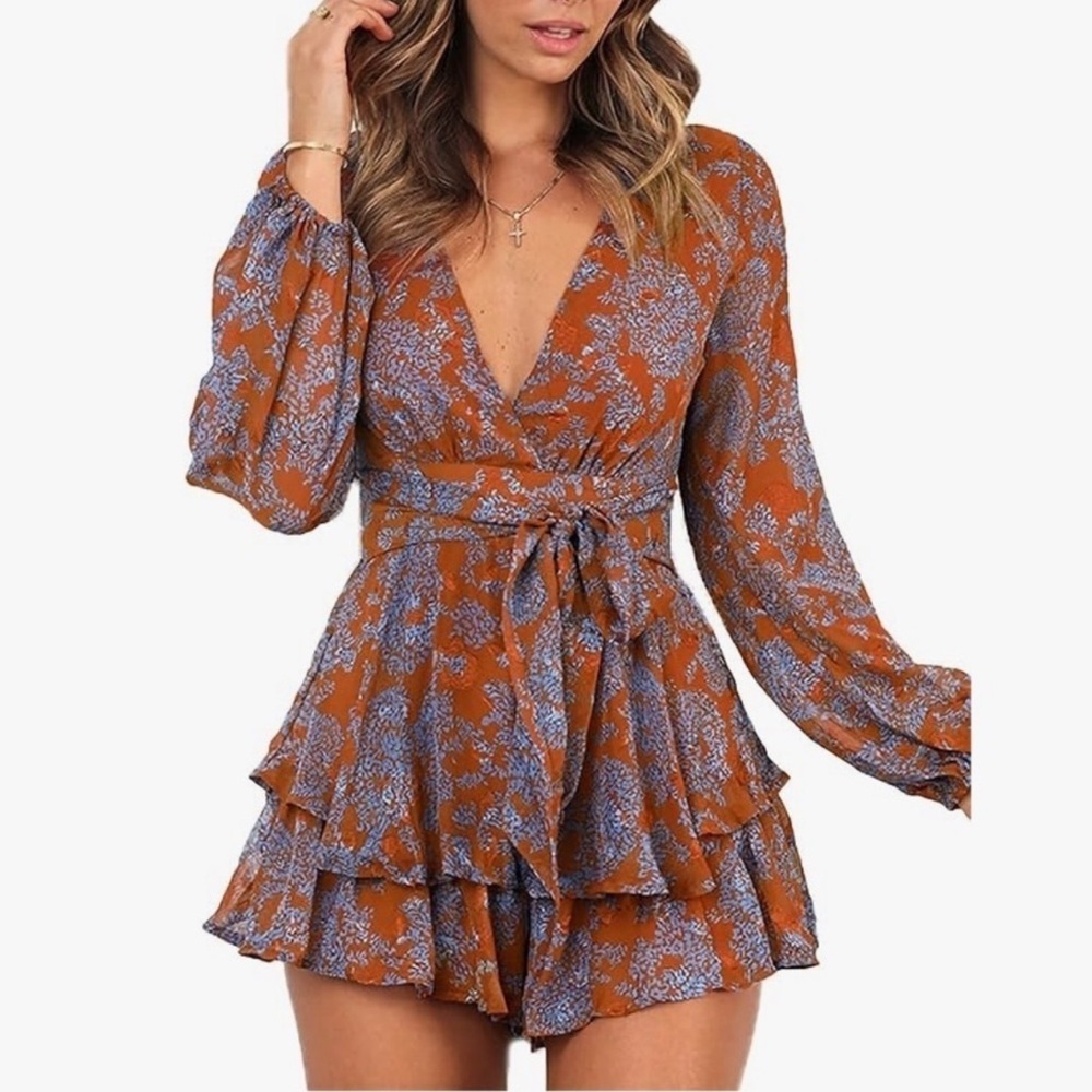 Floral Print Blue and Orange V Neck Long Sleeve Tiered Ruffle Romper - Small